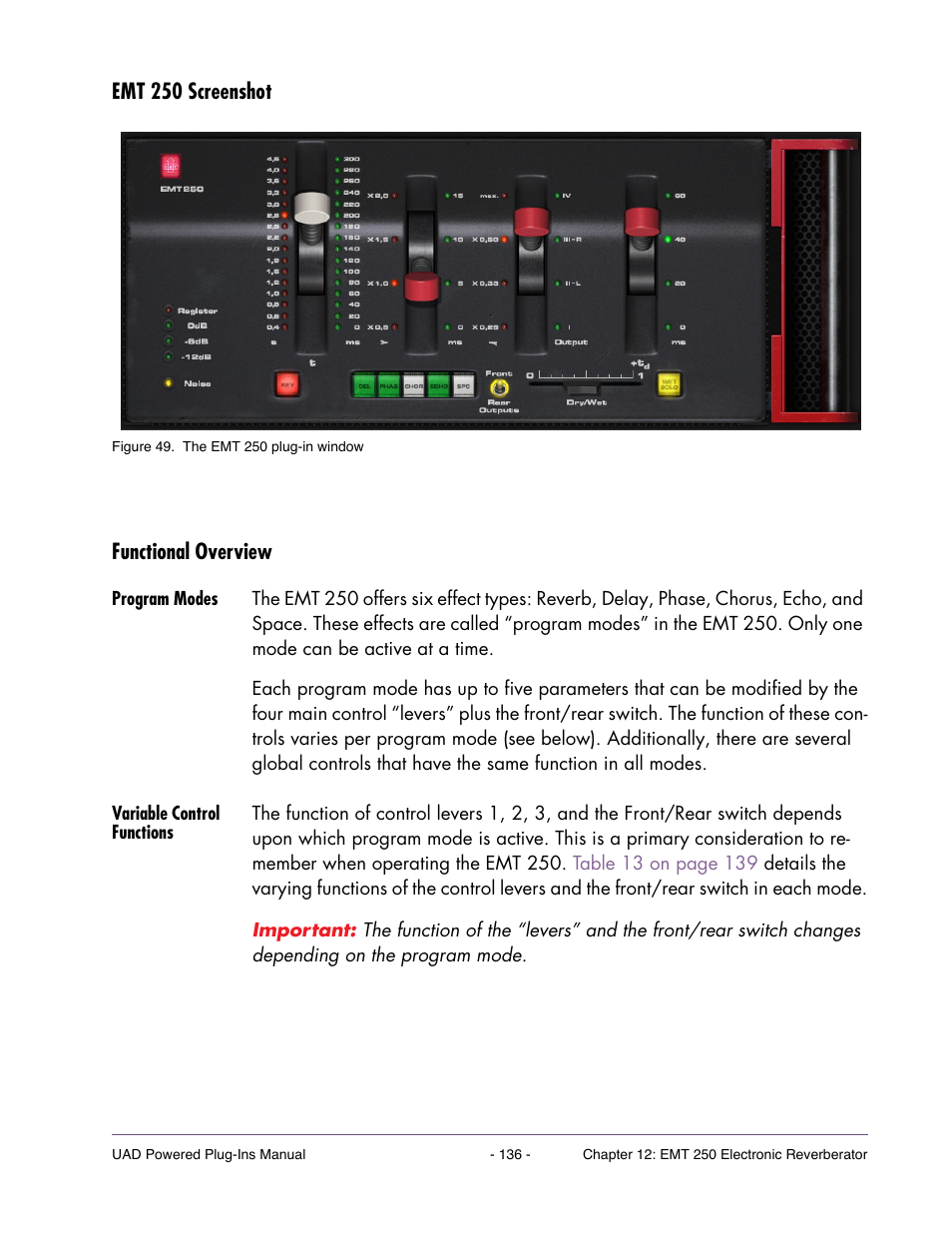 Emt 250 screenshot, Functional overview, Program modes | Variable control functions, Emt 250 screenshot functional overview | Universal Audio UAD Plug-Ins ver.7.4.2 User Manual | Page 136 / 508