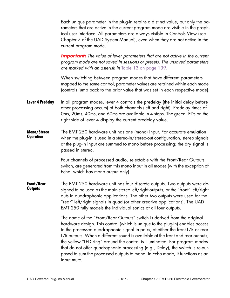 Lever 4 predelay, Mono/stereo operation, Front/rear outputs | Universal Audio UAD Plug-Ins ver.7.4.2 User Manual | Page 137 / 508