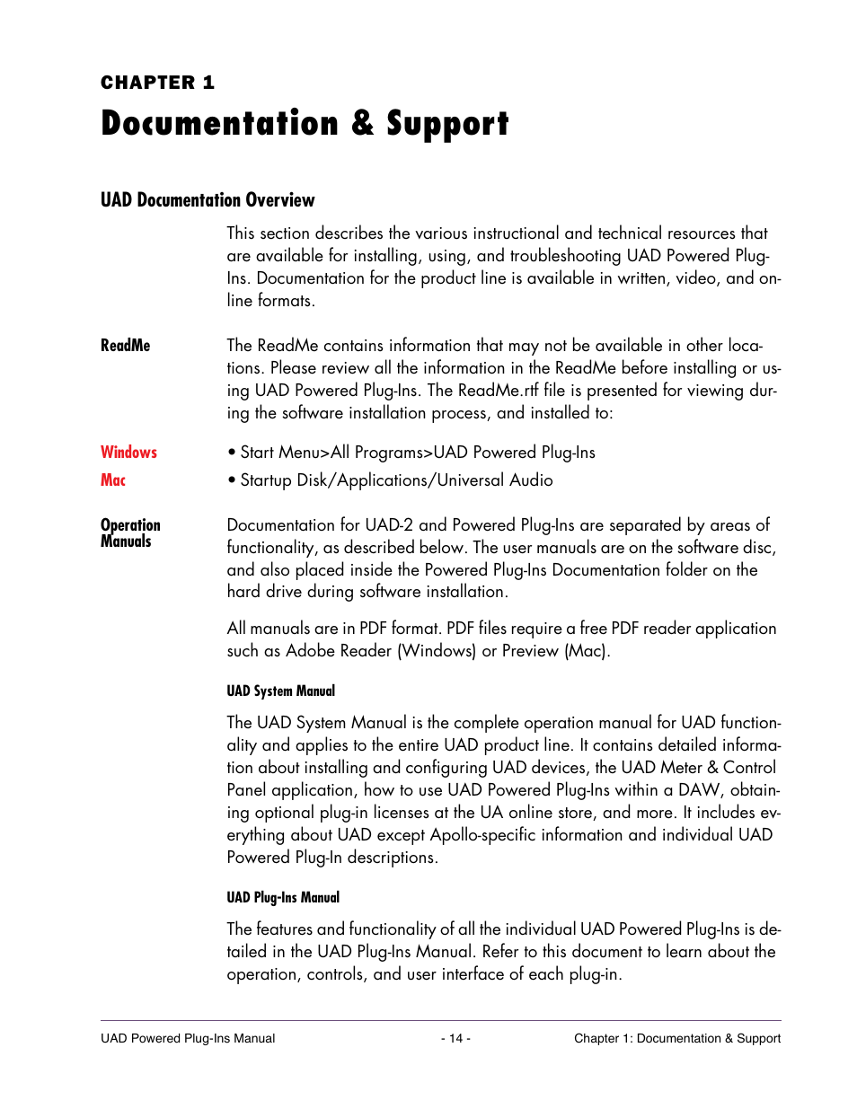 Documentation & support, Uad documentation overview, Readme | Operation manuals, Chapter 1. documentation & support | Universal Audio UAD Plug-Ins ver.7.4.2 User Manual | Page 14 / 508
