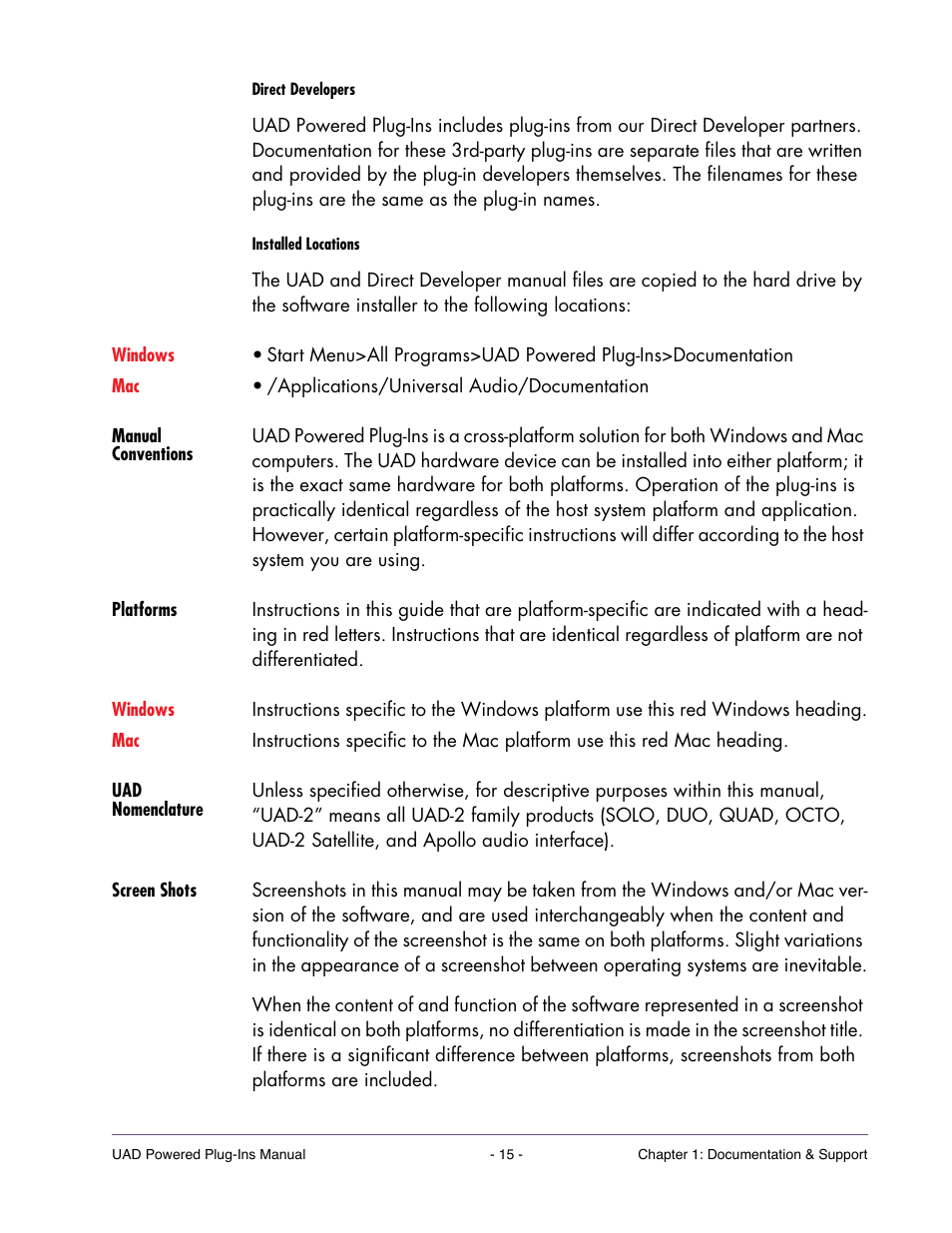 Manual conventions, Platforms, Uad nomenclature | Screen shots | Universal Audio UAD Plug-Ins ver.7.4.2 User Manual | Page 15 / 508