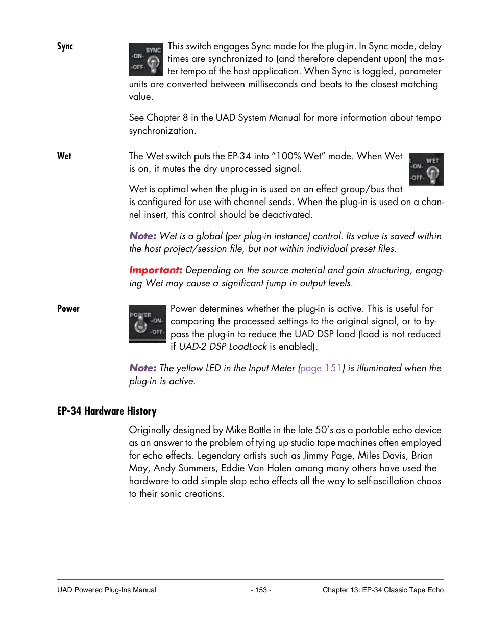 Sync, Power, Ep-34 hardware history | When, Is in the on position, echo volume | Universal Audio UAD Plug-Ins ver.7.4.2 User Manual | Page 153 / 508