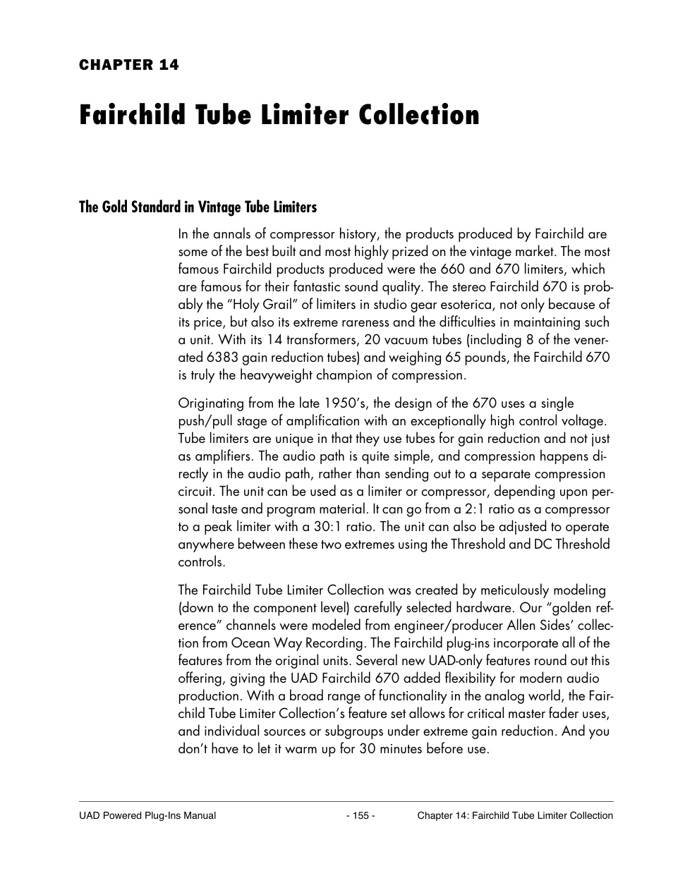 Fairchild tube limiter collection, The gold standard in vintage tube limiters, Chapter 14. fairchild tube limiter collection | Universal Audio UAD Plug-Ins ver.7.4.2 User Manual | Page 155 / 508