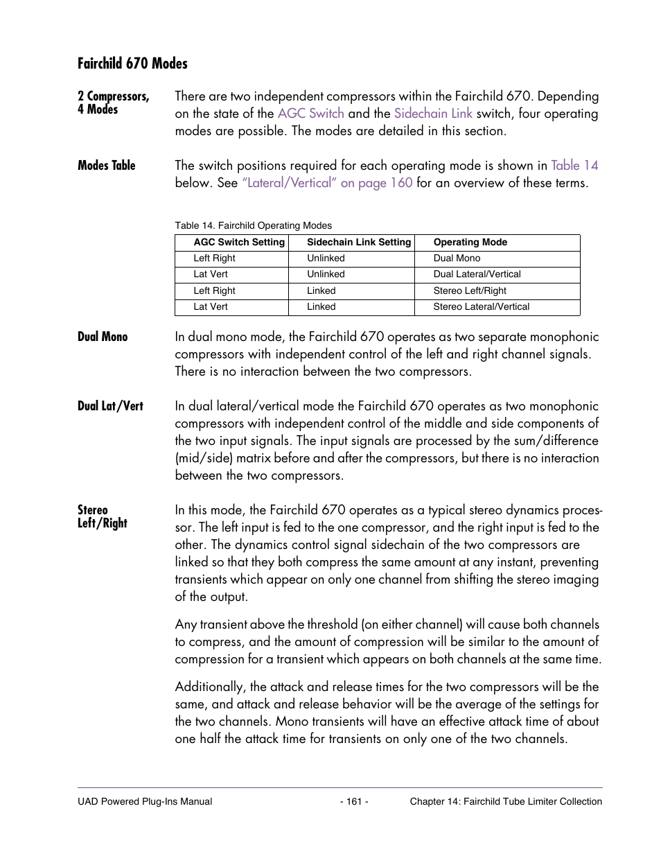 Fairchild 670 modes, 2 compressors, 4 modes, Modes table | Dual mono, Dual lat/vert, Stereo left/right, Fairchild 670 | Universal Audio UAD Plug-Ins ver.7.4.2 User Manual | Page 161 / 508
