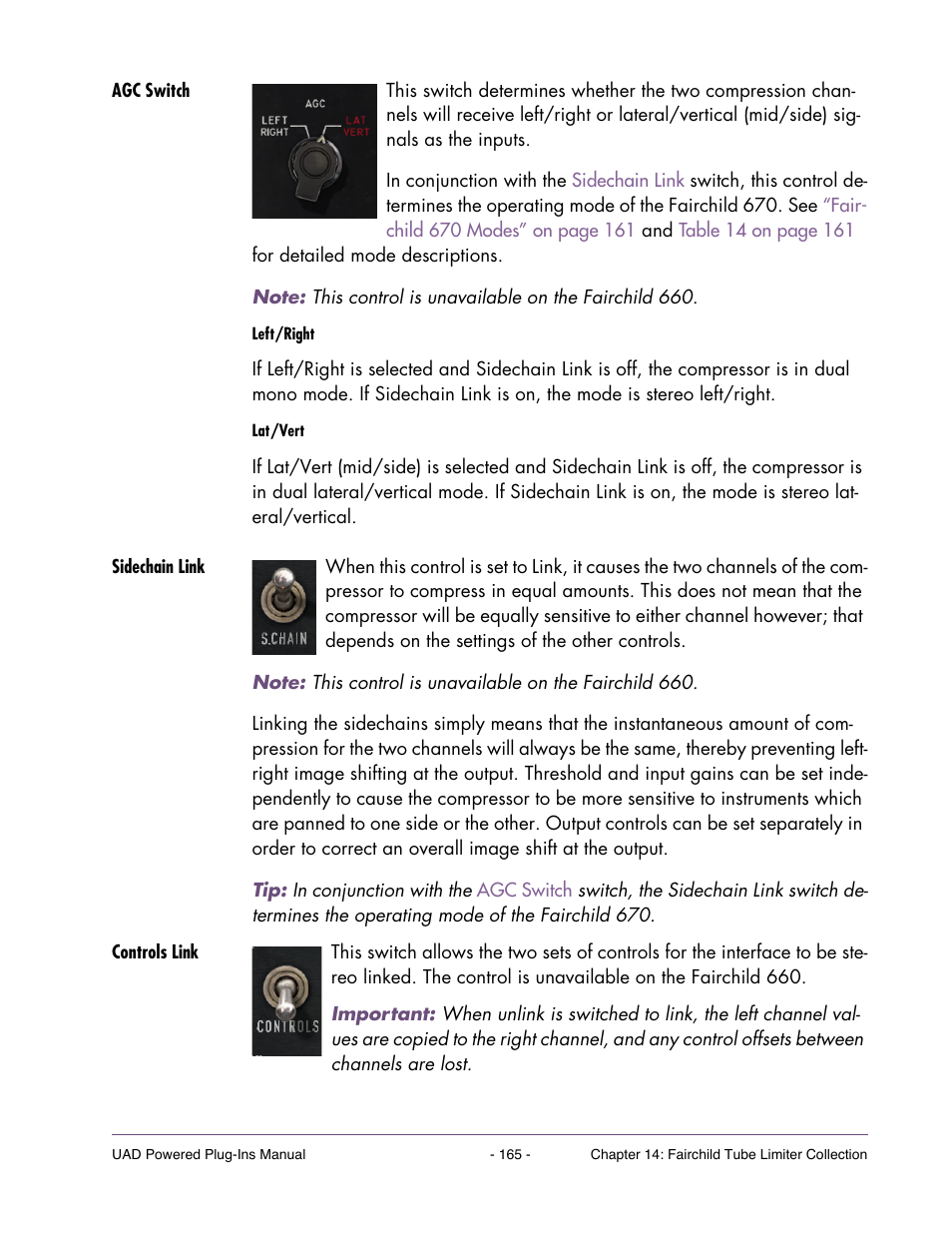 Agc switch, Sidechain link, Controls link | On the state of the, And the, Switch, four operating | Universal Audio UAD Plug-Ins ver.7.4.2 User Manual | Page 165 / 508
