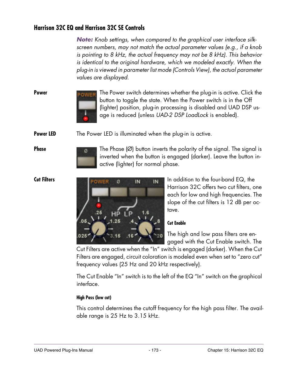 Harrison 32c eq and harrison 32c se controls, Power, Power led | Phase, Cut filters | Universal Audio UAD Plug-Ins ver.7.4.2 User Manual | Page 173 / 508