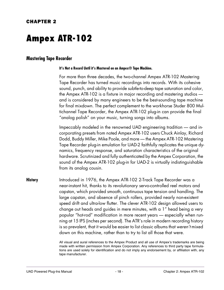 Ampex atr-102, Mastering tape recorder, History | Chapter 2. ampex atr-102 | Universal Audio UAD Plug-Ins ver.7.4.2 User Manual | Page 18 / 508