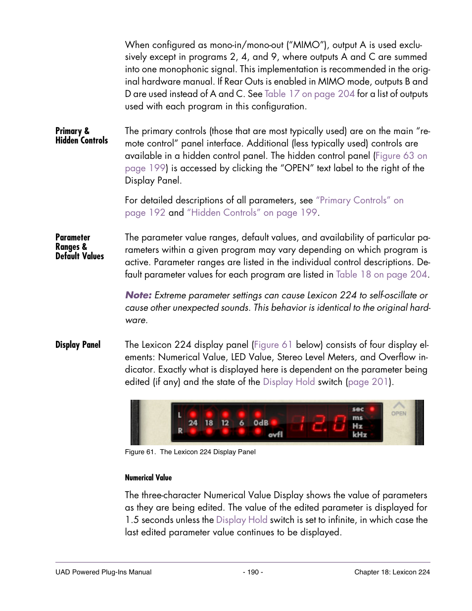 Primary & hidden controls, Parameter ranges & default values, Display panel | Universal Audio UAD Plug-Ins ver.7.4.2 User Manual | Page 190 / 508