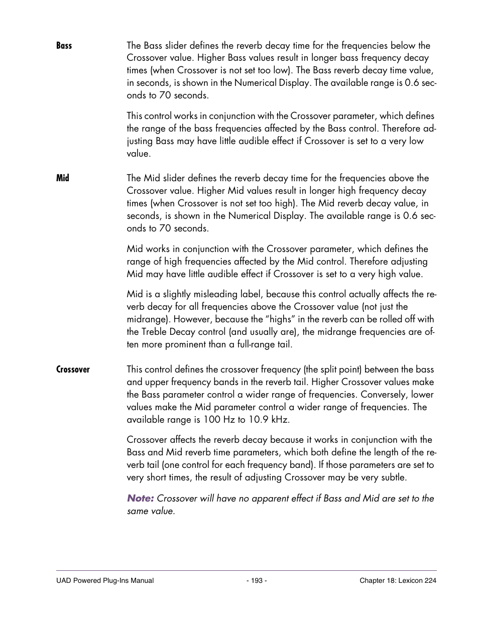 Bass, Crossover | Universal Audio UAD Plug-Ins ver.7.4.2 User Manual | Page 193 / 508