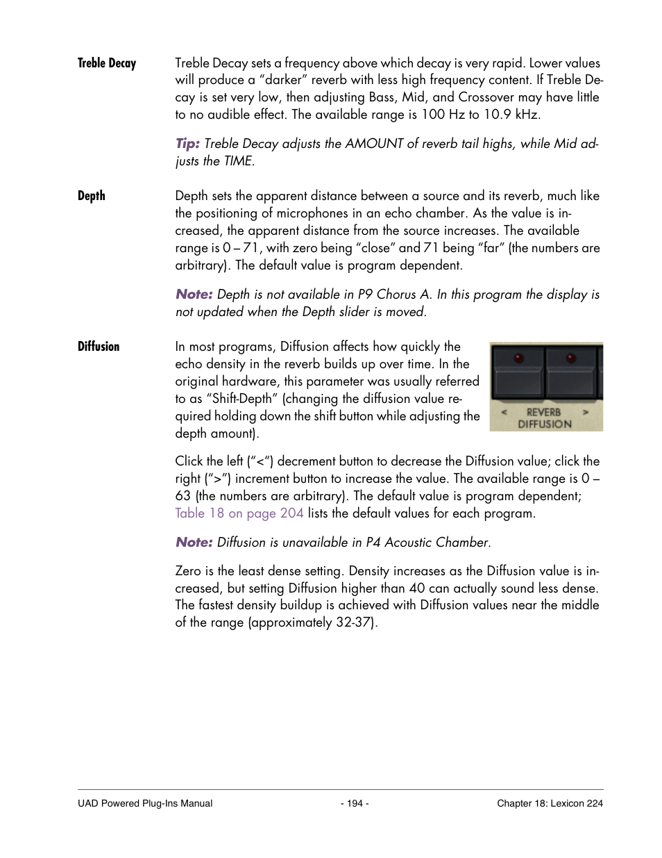 Treble decay, Depth, Diffusion | Universal Audio UAD Plug-Ins ver.7.4.2 User Manual | Page 194 / 508