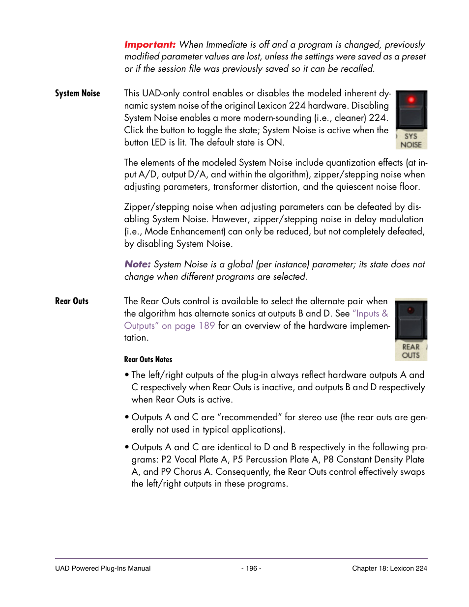 System noise, Rear outs, Available via the | Control | Universal Audio UAD Plug-Ins ver.7.4.2 User Manual | Page 196 / 508