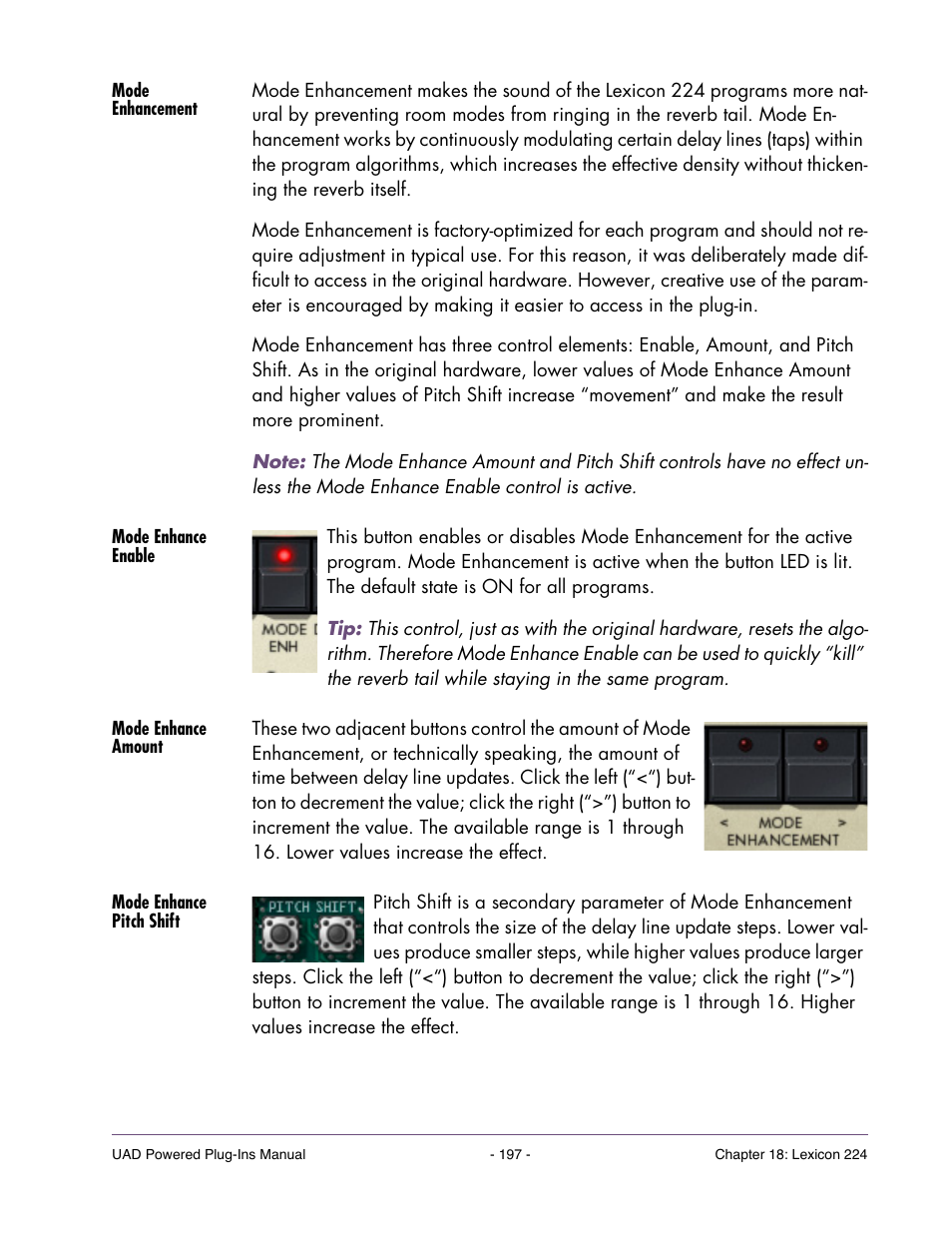 Mode enhancement, Mode enhance enable, Mode enhance amount | Mode enhance pitch shift | Universal Audio UAD Plug-Ins ver.7.4.2 User Manual | Page 197 / 508