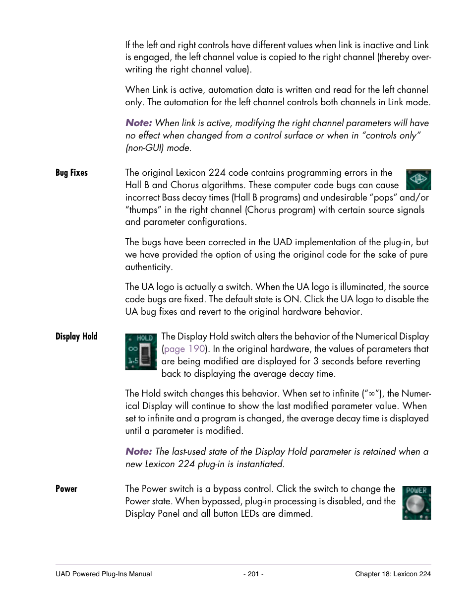 Bug fixes, Display hold, Power | Switch, 5 seconds unless the, Switch is set to infinite, in which case the | Universal Audio UAD Plug-Ins ver.7.4.2 User Manual | Page 201 / 508