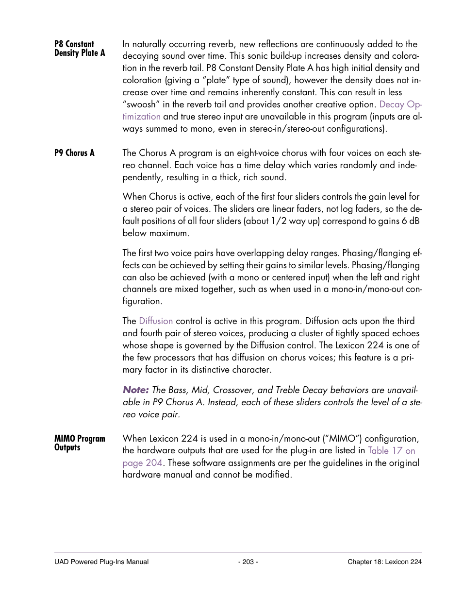 P8 constant density plate a, P9 chorus a, Mimo program outputs | Universal Audio UAD Plug-Ins ver.7.4.2 User Manual | Page 203 / 508