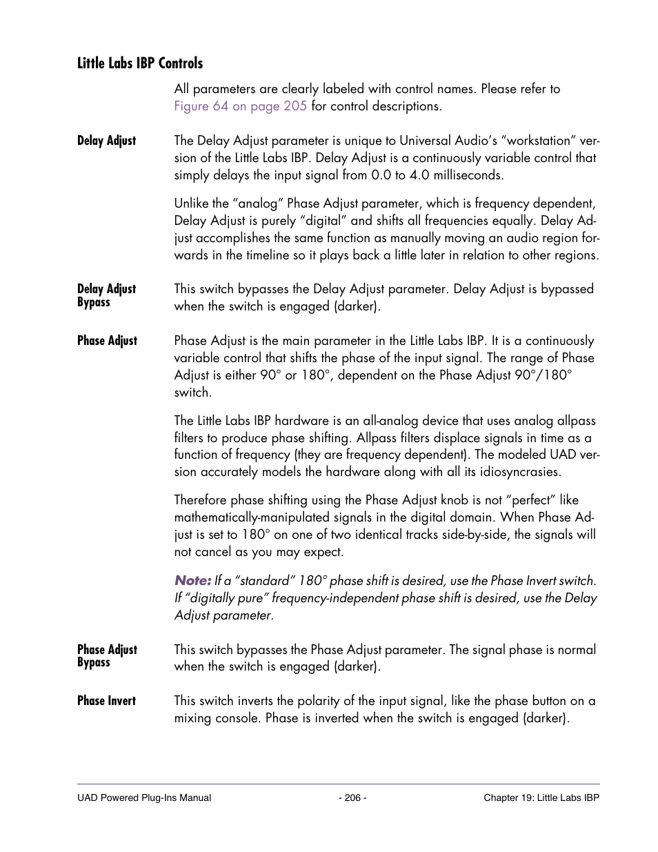 Little labs ibp controls, Delay adjust, Delay adjust bypass | Phase adjust, Phase adjust bypass, Phase invert | Universal Audio UAD Plug-Ins ver.7.4.2 User Manual | Page 206 / 508