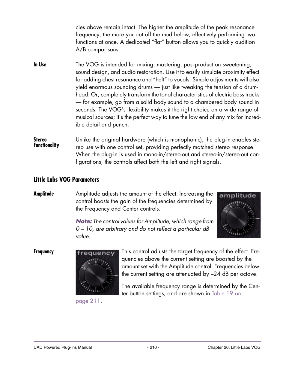 In use, Stereo functionality, Little labs vog parameters | Amplitude, Frequency | Universal Audio UAD Plug-Ins ver.7.4.2 User Manual | Page 210 / 508