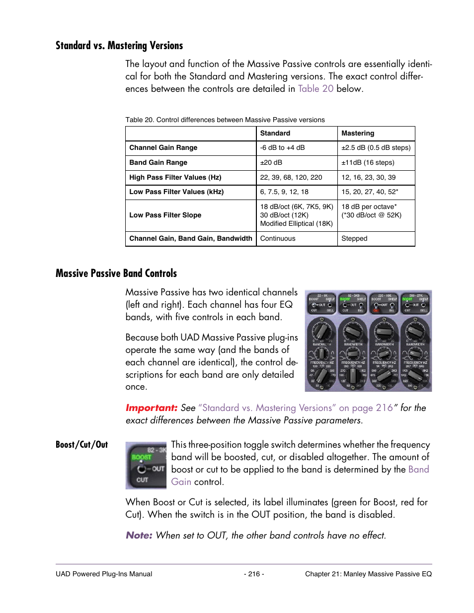 Standard vs. mastering versions, Massive passive band controls, Boost/cut/out | Universal Audio UAD Plug-Ins ver.7.4.2 User Manual | Page 216 / 508