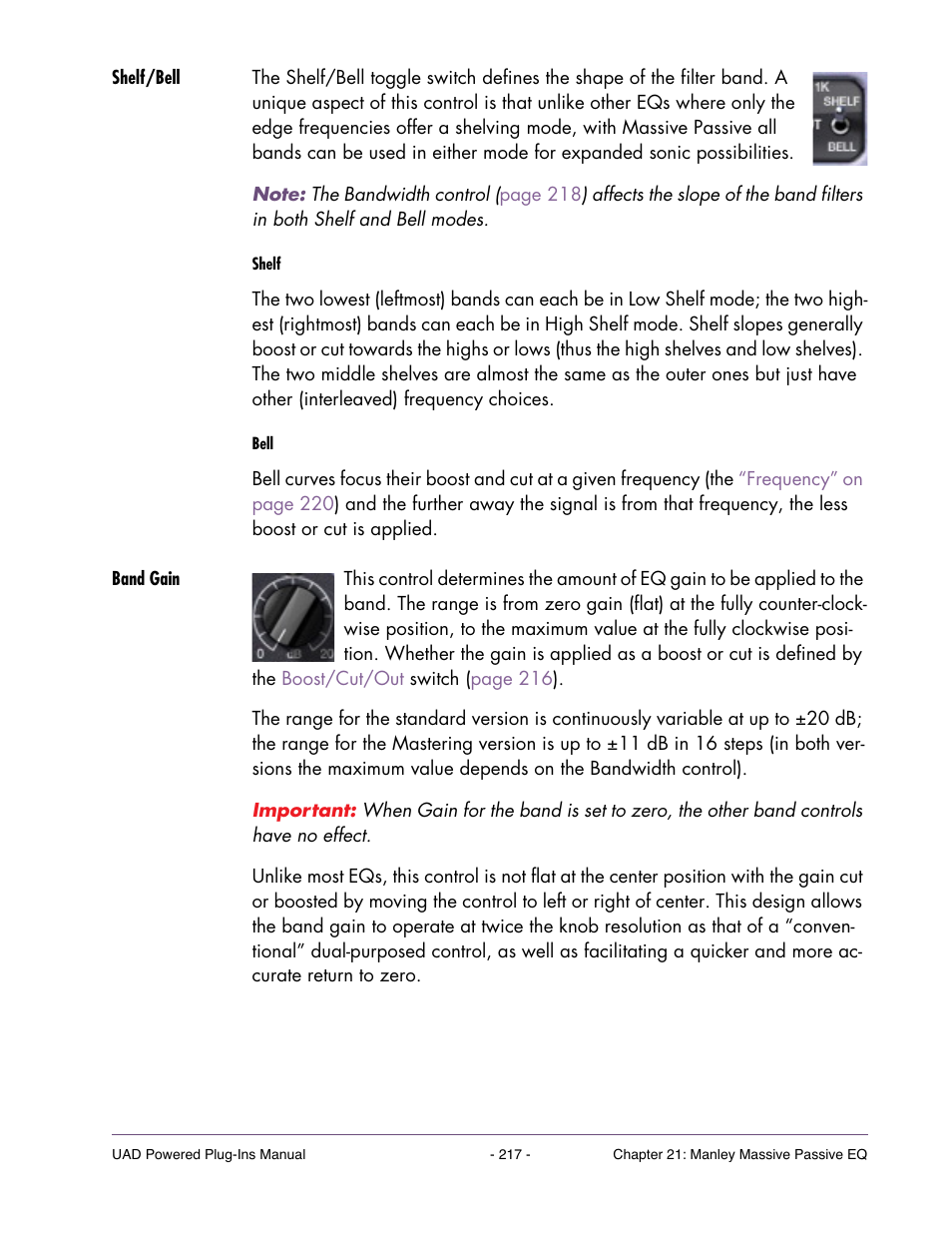Shelf/bell, Band gain, Band | Gain | Universal Audio UAD Plug-Ins ver.7.4.2 User Manual | Page 217 / 508