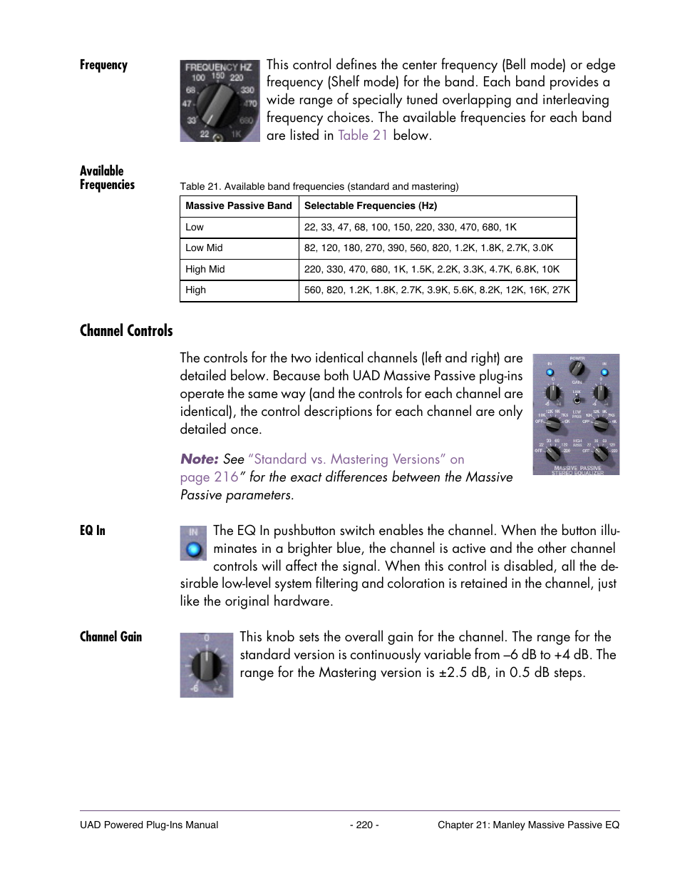 Frequency, Available frequencies, Channel controls | Eq in, Channel gain, Frequency” on | Universal Audio UAD Plug-Ins ver.7.4.2 User Manual | Page 220 / 508
