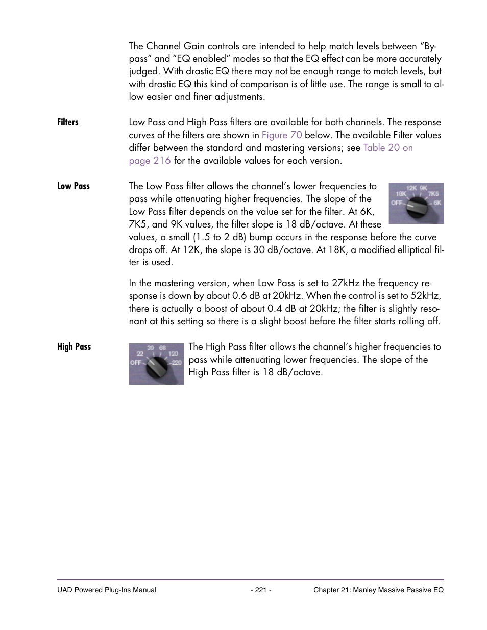 Filters, Low pass, High pass | Universal Audio UAD Plug-Ins ver.7.4.2 User Manual | Page 221 / 508