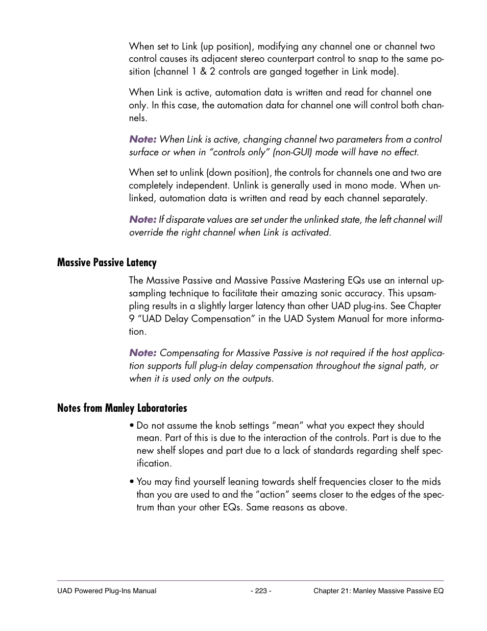 Massive passive latency, Notes from manley laboratories | Universal Audio UAD Plug-Ins ver.7.4.2 User Manual | Page 223 / 508