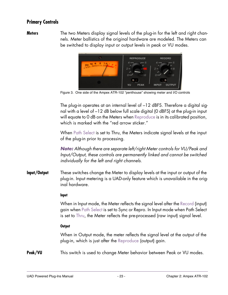 Primary controls, Meters, Input/output | Peak/vu | Universal Audio UAD Plug-Ins ver.7.4.2 User Manual | Page 23 / 508