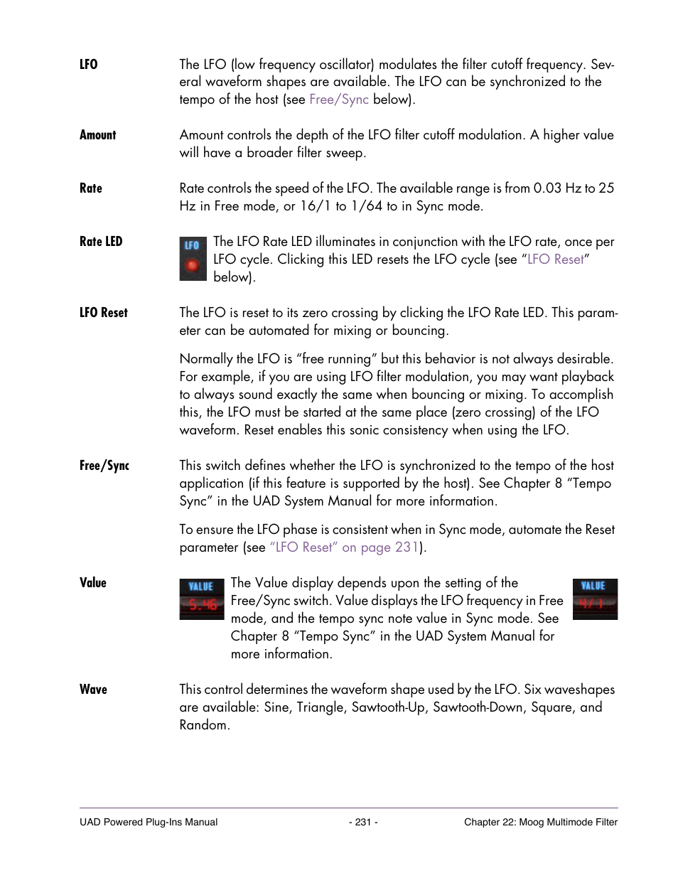 Amount, Rate, Rate led | Lfo reset, Free/sync, Value, Wave | Universal Audio UAD Plug-Ins ver.7.4.2 User Manual | Page 231 / 508