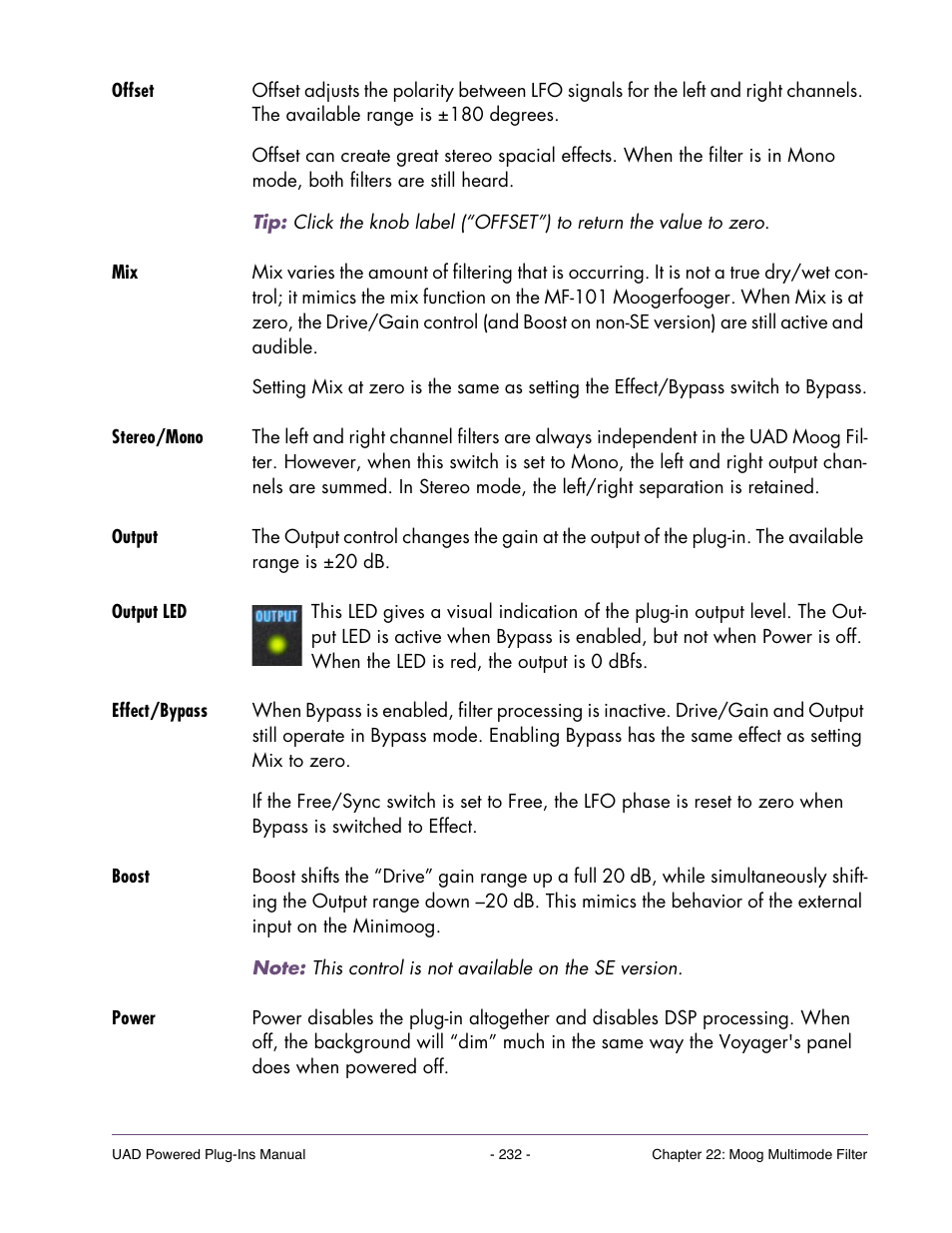 Offset, Stereo/mono, Output | Output led, Effect/bypass, Boost, Power, Used in conjunction with the boost switch (see, Boost” on | Universal Audio UAD Plug-Ins ver.7.4.2 User Manual | Page 232 / 508