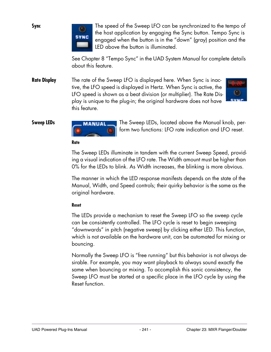 Sync, Rate display, Sweep leds | Actly). the current speed is indicated by the, And also shown in | Universal Audio UAD Plug-Ins ver.7.4.2 User Manual | Page 241 / 508