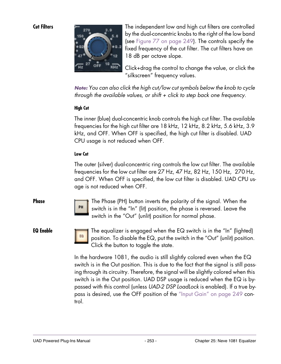 Cut filters, Phase, Eq enable | Universal Audio UAD Plug-Ins ver.7.4.2 User Manual | Page 253 / 508