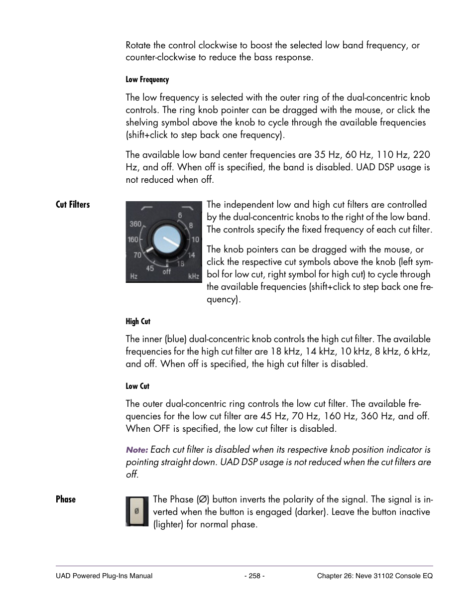 Cut filters, Phase | Universal Audio UAD Plug-Ins ver.7.4.2 User Manual | Page 258 / 508