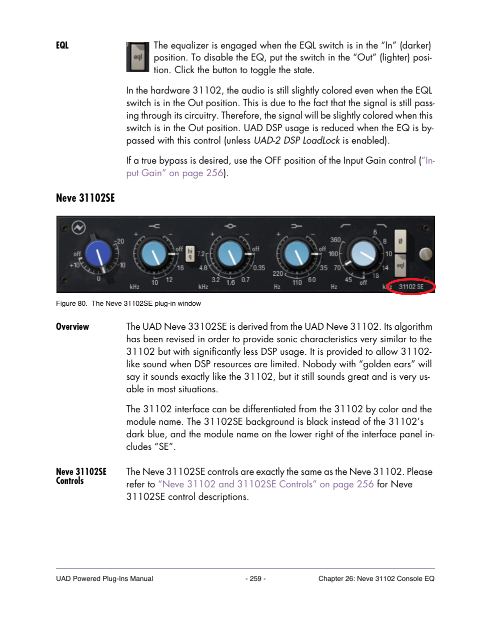 Neve 31102se, Overview, Neve 31102se controls | Universal Audio UAD Plug-Ins ver.7.4.2 User Manual | Page 259 / 508