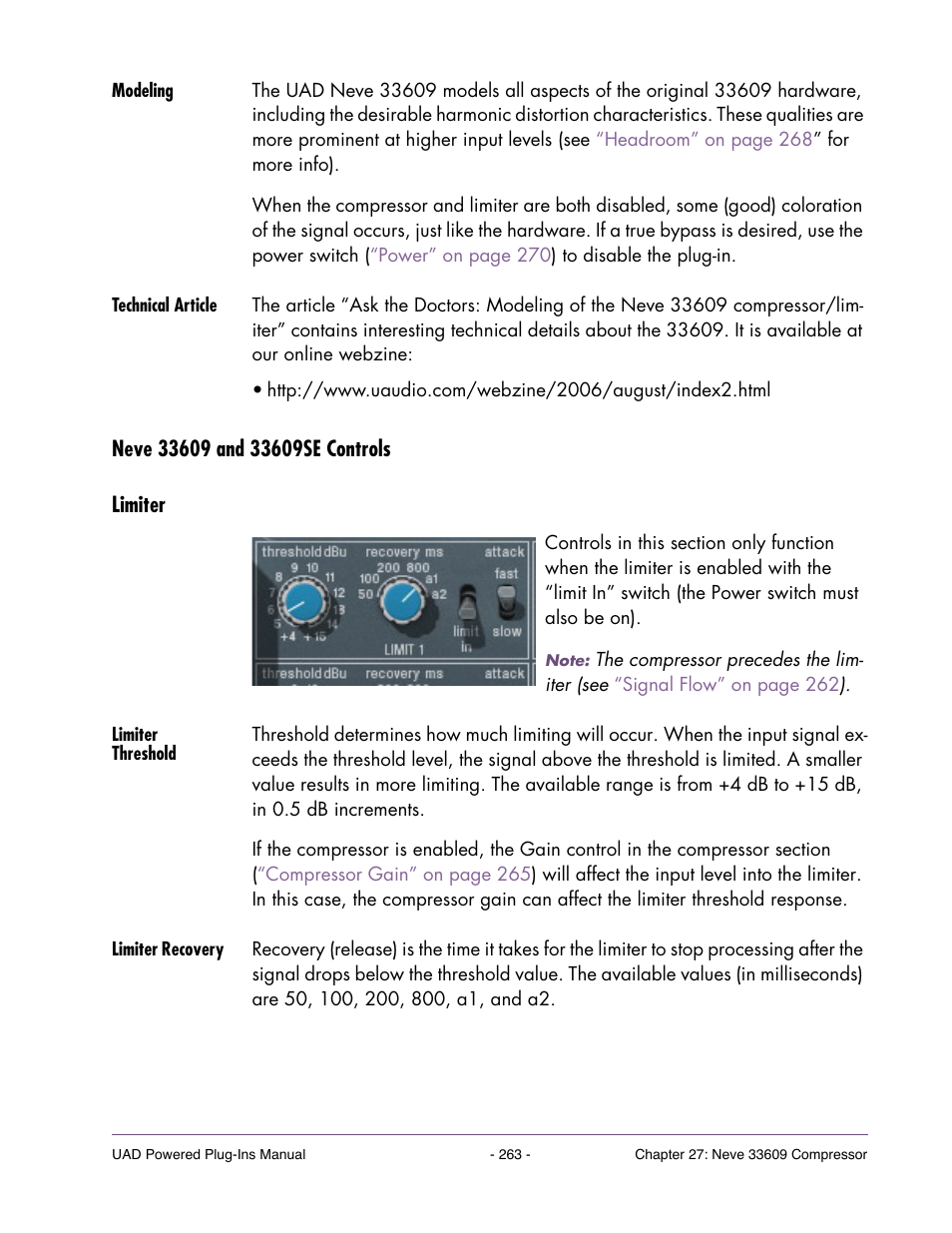 Modeling, Technical article, Neve 33609 and 33609se controls | Limiter, Limiter threshold, Limiter recovery | Universal Audio UAD Plug-Ins ver.7.4.2 User Manual | Page 263 / 508