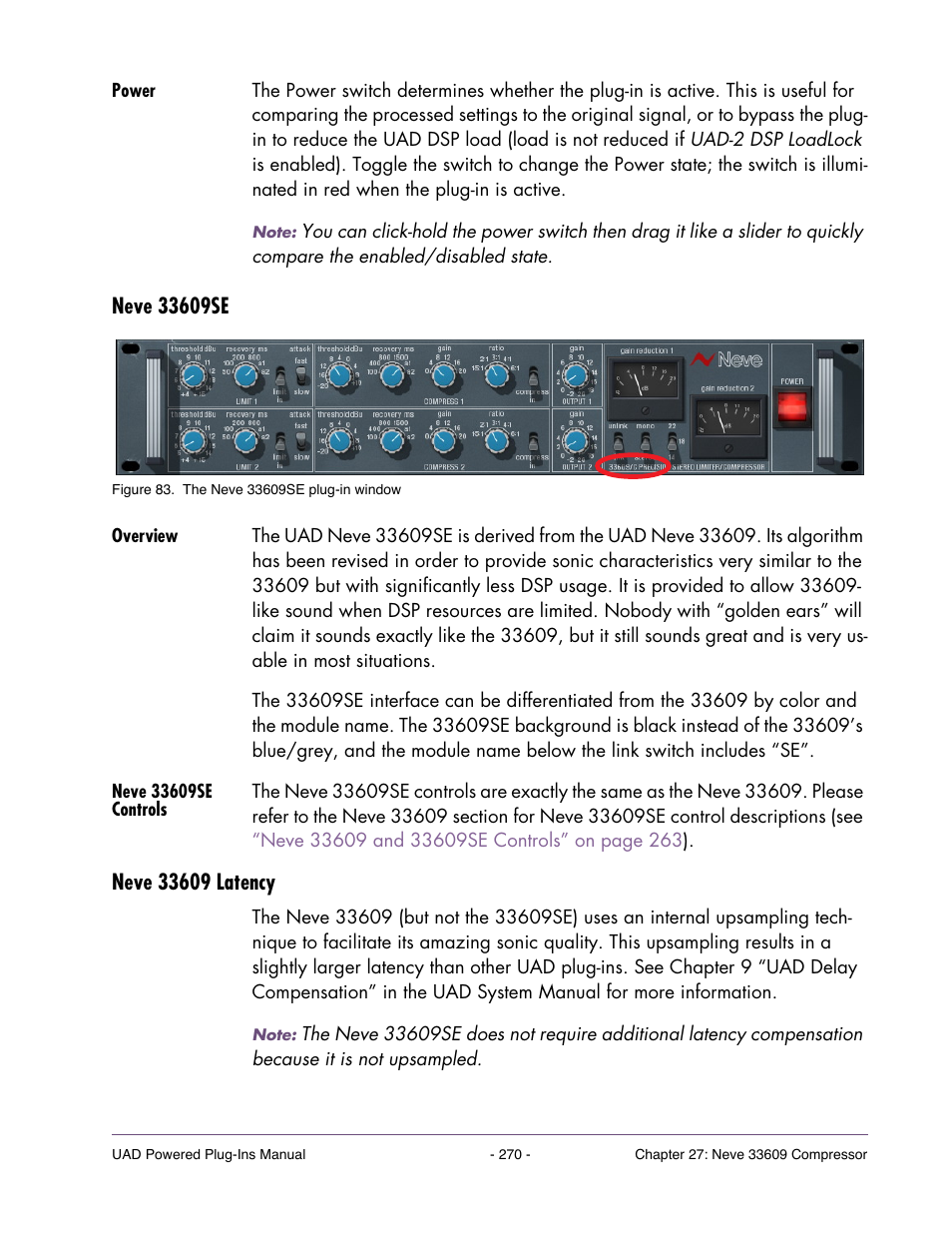 Power, Neve 33609se, Overview | Neve 33609se controls, Neve 33609 latency | Universal Audio UAD Plug-Ins ver.7.4.2 User Manual | Page 270 / 508