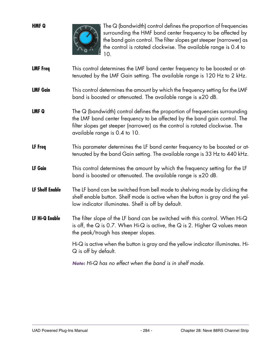 Hmf q, Lmf freq, Lmf gain | Lmf q, Lf freq, Lf gain, Lf shelf enable, Lf hi-q enable | Universal Audio UAD Plug-Ins ver.7.4.2 User Manual | Page 284 / 508