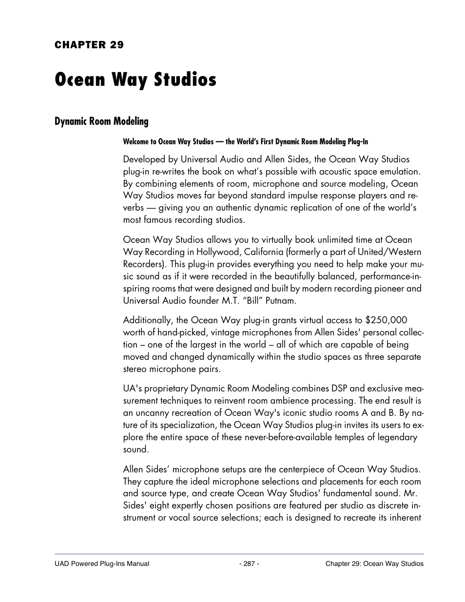Ocean way studios, Dynamic room modeling, Chapter 29. ocean way studios | Universal Audio UAD Plug-Ins ver.7.4.2 User Manual | Page 287 / 508