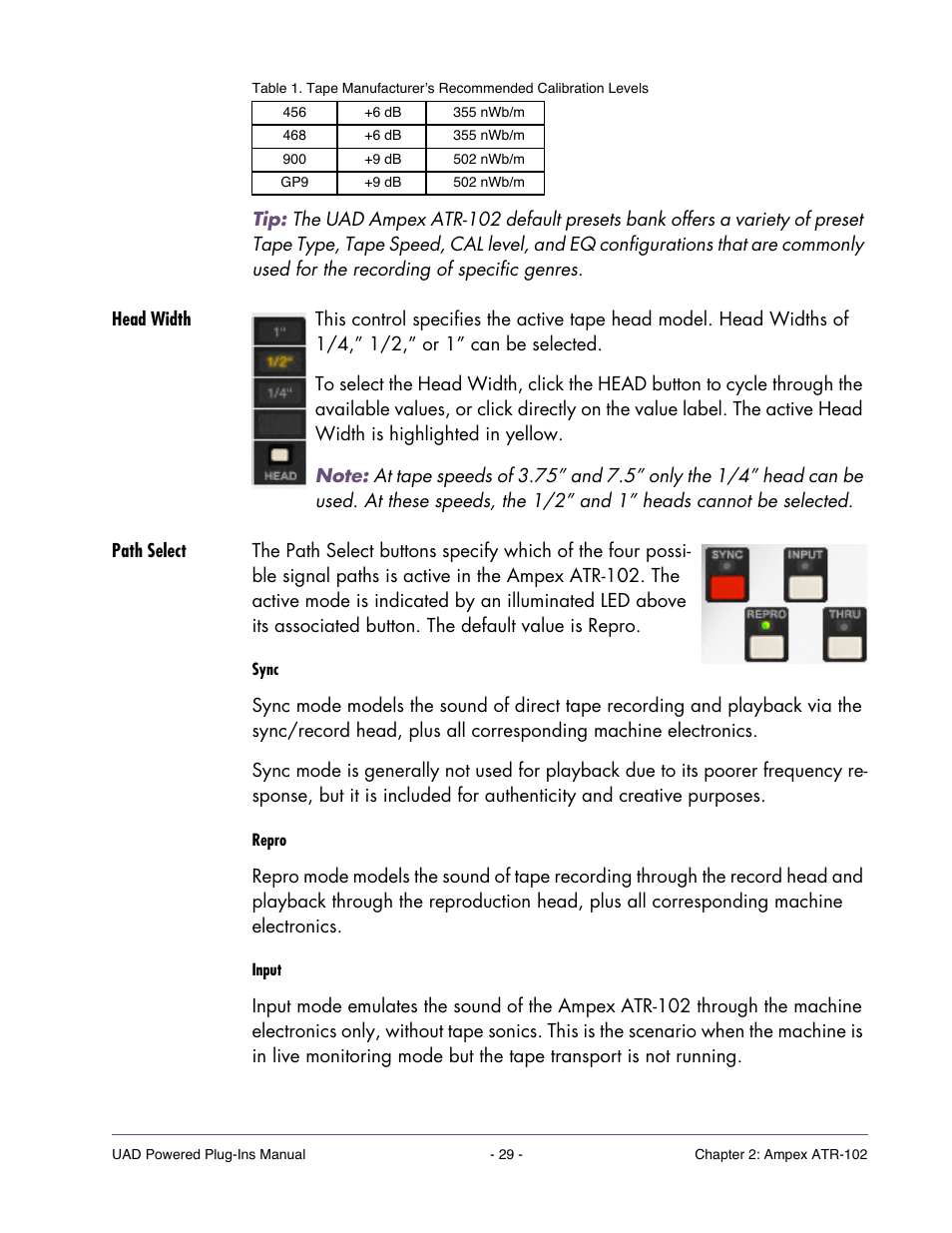 Head width, Path select, When | Gain when, Position in the, Control | Universal Audio UAD Plug-Ins ver.7.4.2 User Manual | Page 29 / 508