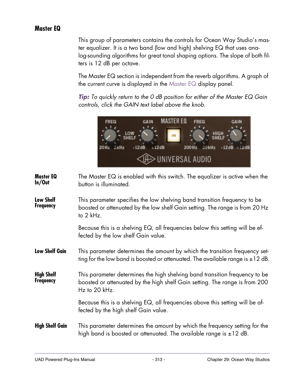Master eq, Master eq in/out, Low shelf frequency | Low shelf gain, High shelf frequency, High shelf gain | Universal Audio UAD Plug-Ins ver.7.4.2 User Manual | Page 313 / 508