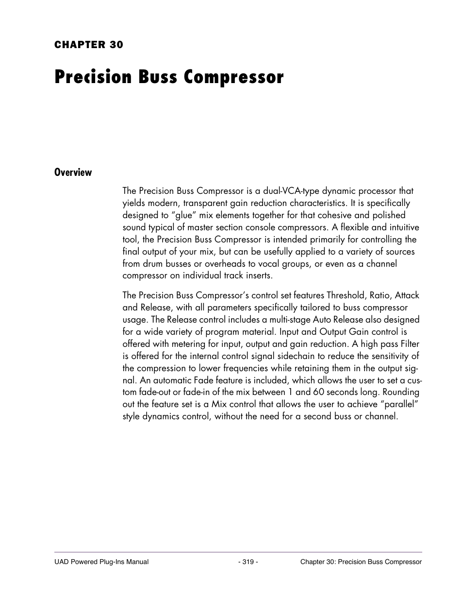 Precision buss compressor, Overview, Chapter 30. precision buss compressor | Universal Audio UAD Plug-Ins ver.7.4.2 User Manual | Page 319 / 508