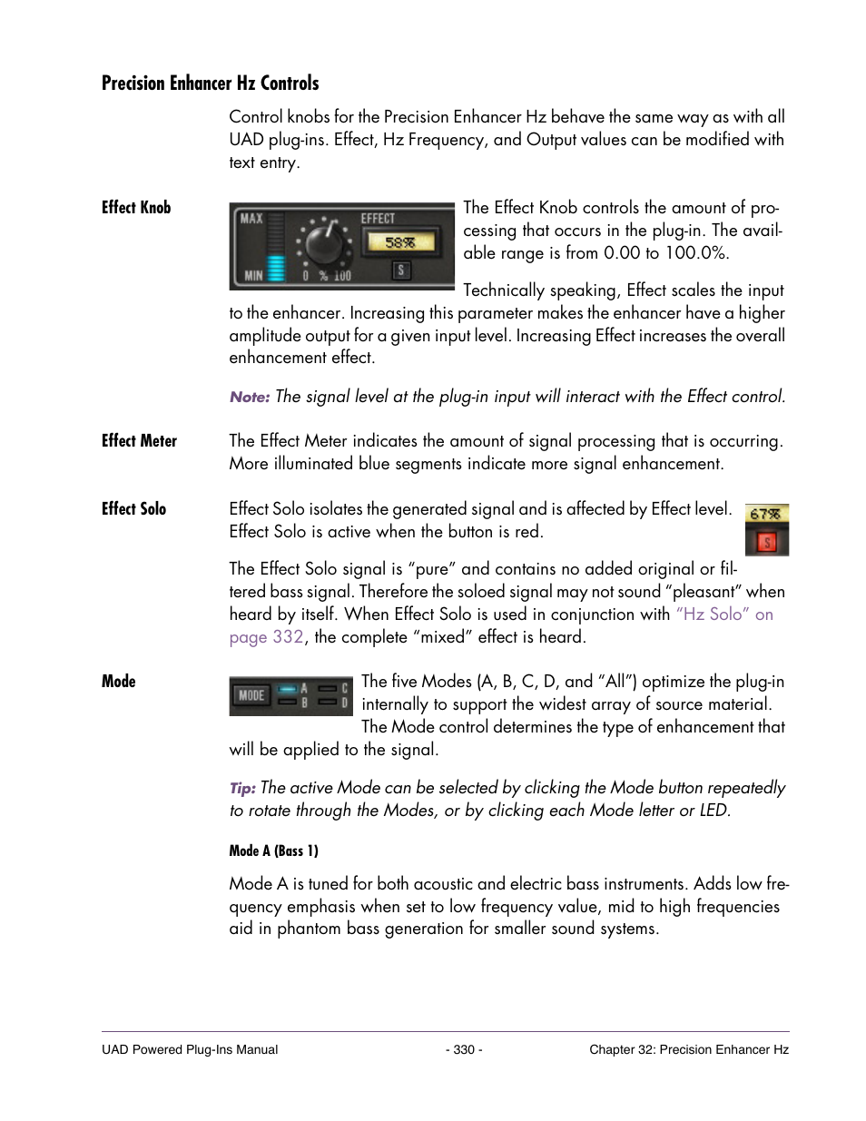 Precision enhancer hz controls, Effect knob, Effect meter | Effect solo, Mode | Universal Audio UAD Plug-Ins ver.7.4.2 User Manual | Page 330 / 508