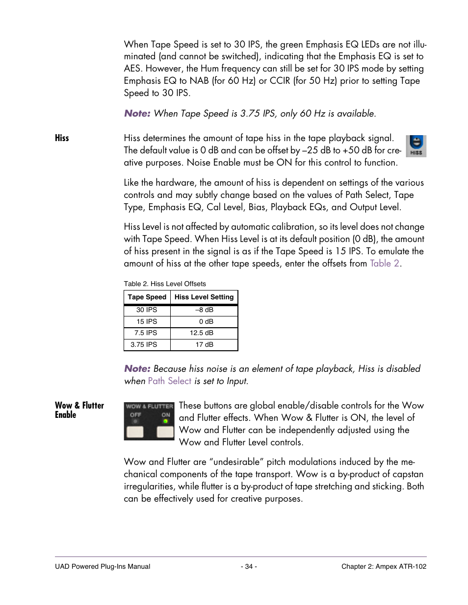 Hiss, Wow & flutter enable | Universal Audio UAD Plug-Ins ver.7.4.2 User Manual | Page 34 / 508