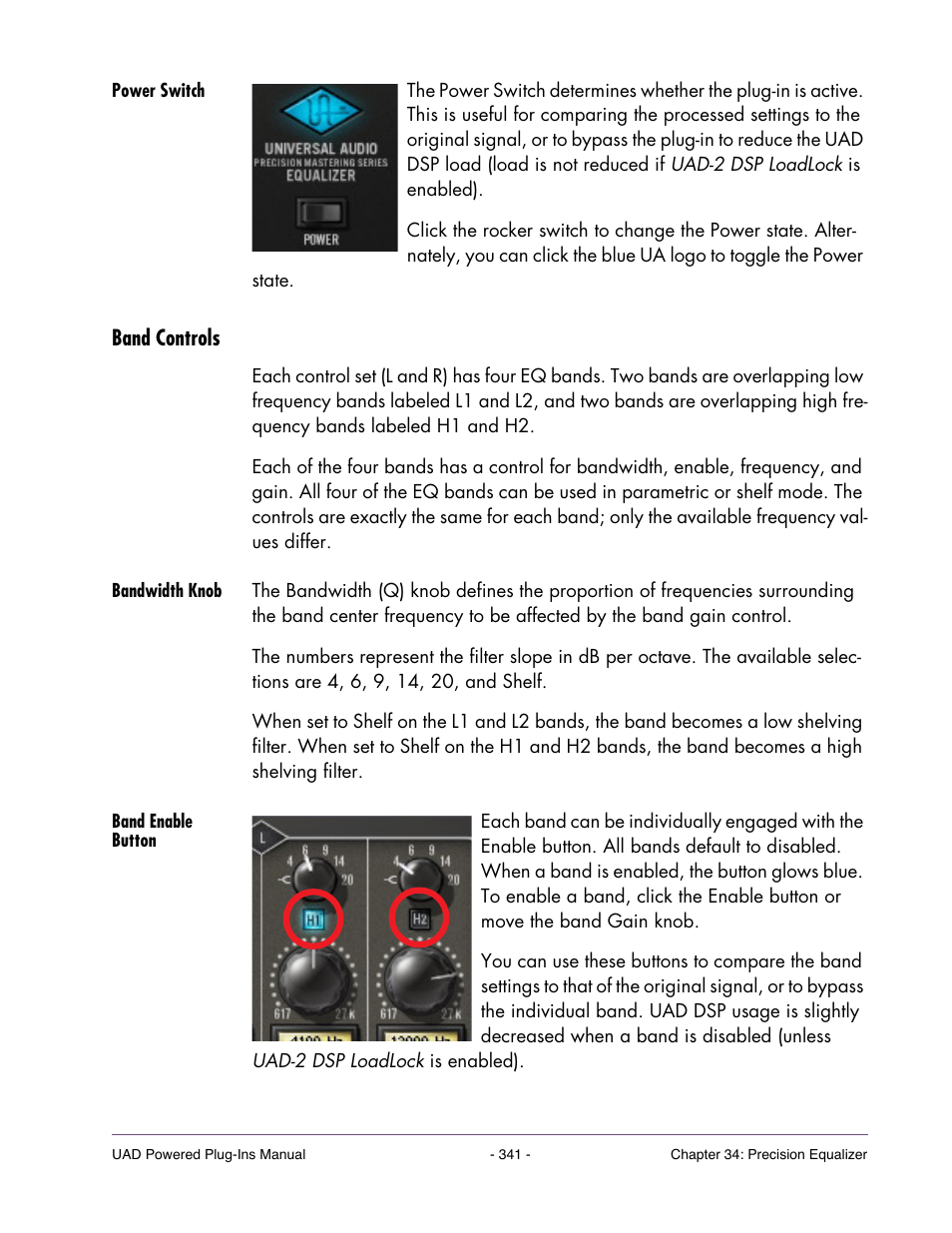 Power switch, Band controls, Bandwidth knob | Band enable button | Universal Audio UAD Plug-Ins ver.7.4.2 User Manual | Page 341 / 508