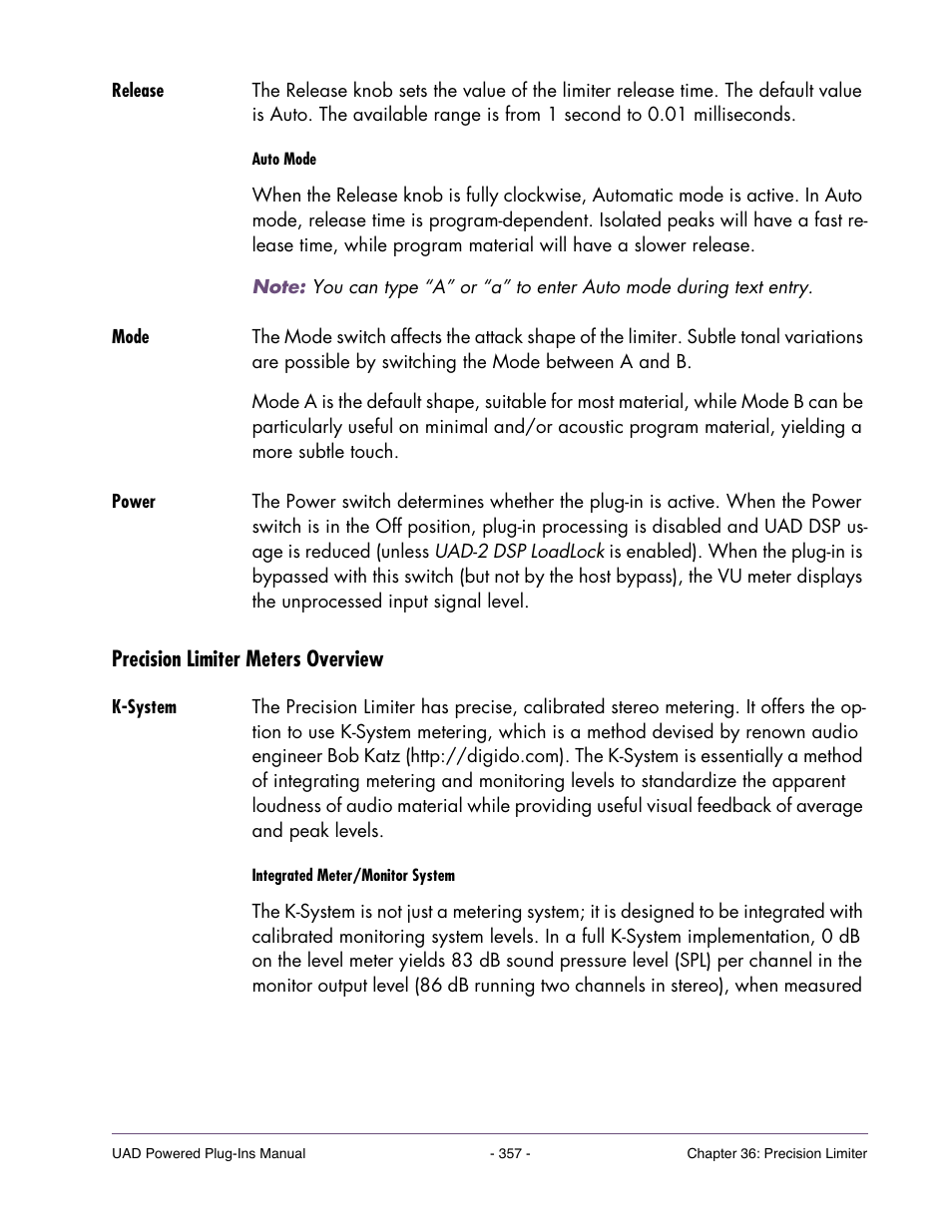 Release, Mode, Power | Precision limiter meters overview, K-system | Universal Audio UAD Plug-Ins ver.7.4.2 User Manual | Page 357 / 508