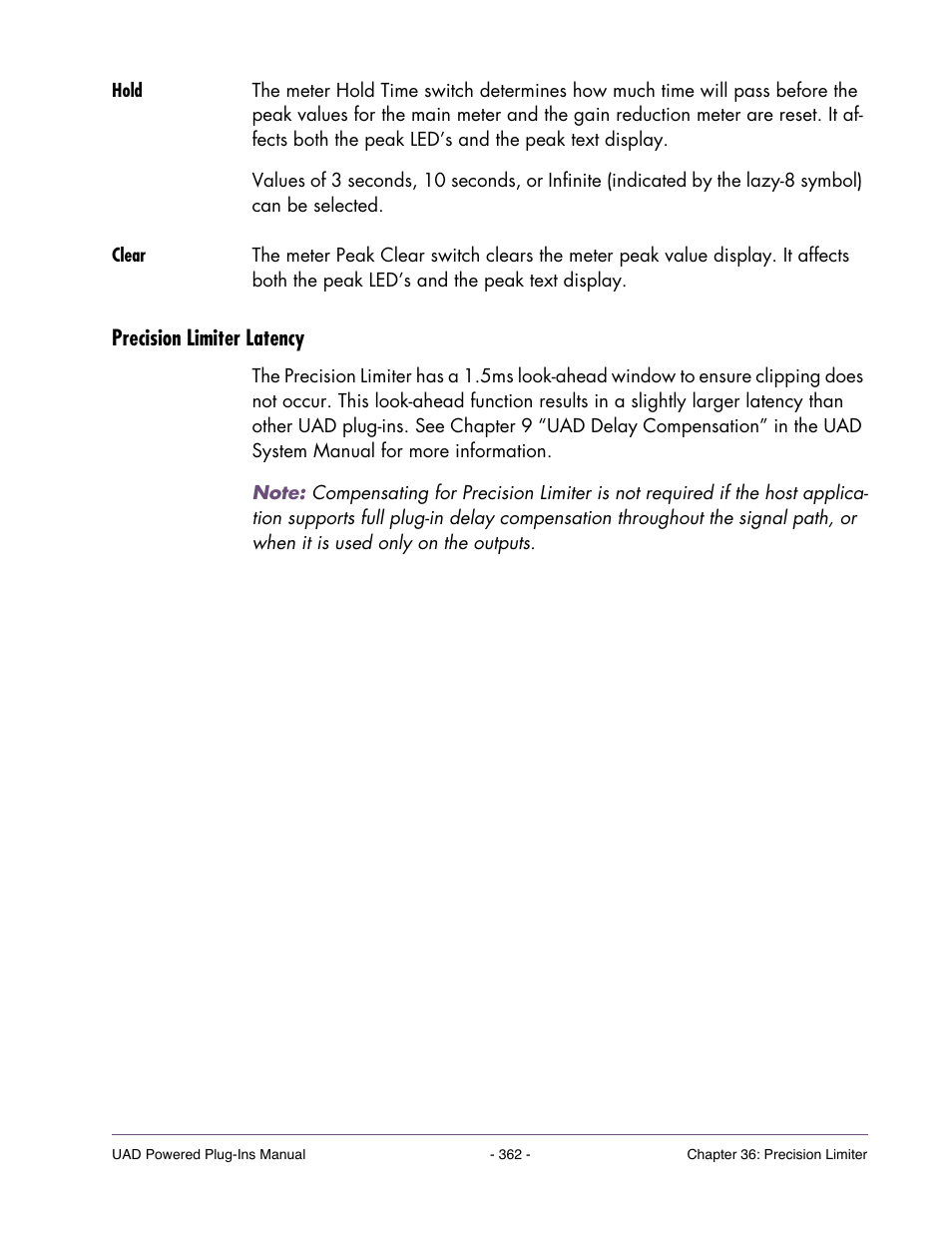 Hold, Clear, Precision limiter latency | Universal Audio UAD Plug-Ins ver.7.4.2 User Manual | Page 362 / 508
