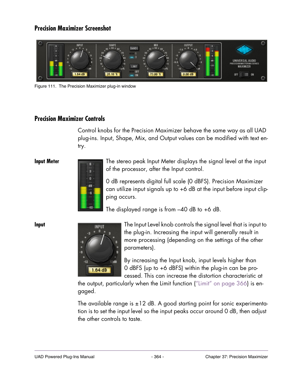 Precision maximizer screenshot, Precision maximizer controls, Input meter | Input, Put meter | Universal Audio UAD Plug-Ins ver.7.4.2 User Manual | Page 364 / 508