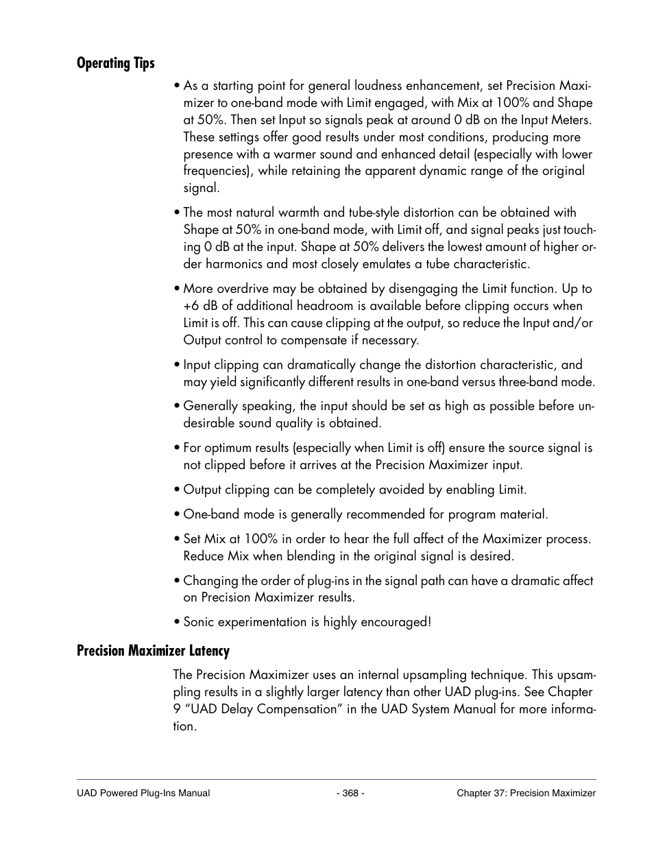 Operating tips, Precision maximizer latency, For practical usage information | Universal Audio UAD Plug-Ins ver.7.4.2 User Manual | Page 368 / 508