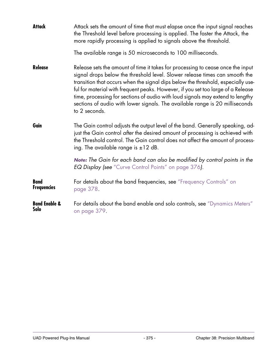 Attack, Release, Gain | Band frequencies, Band enable & solo | Universal Audio UAD Plug-Ins ver.7.4.2 User Manual | Page 375 / 508