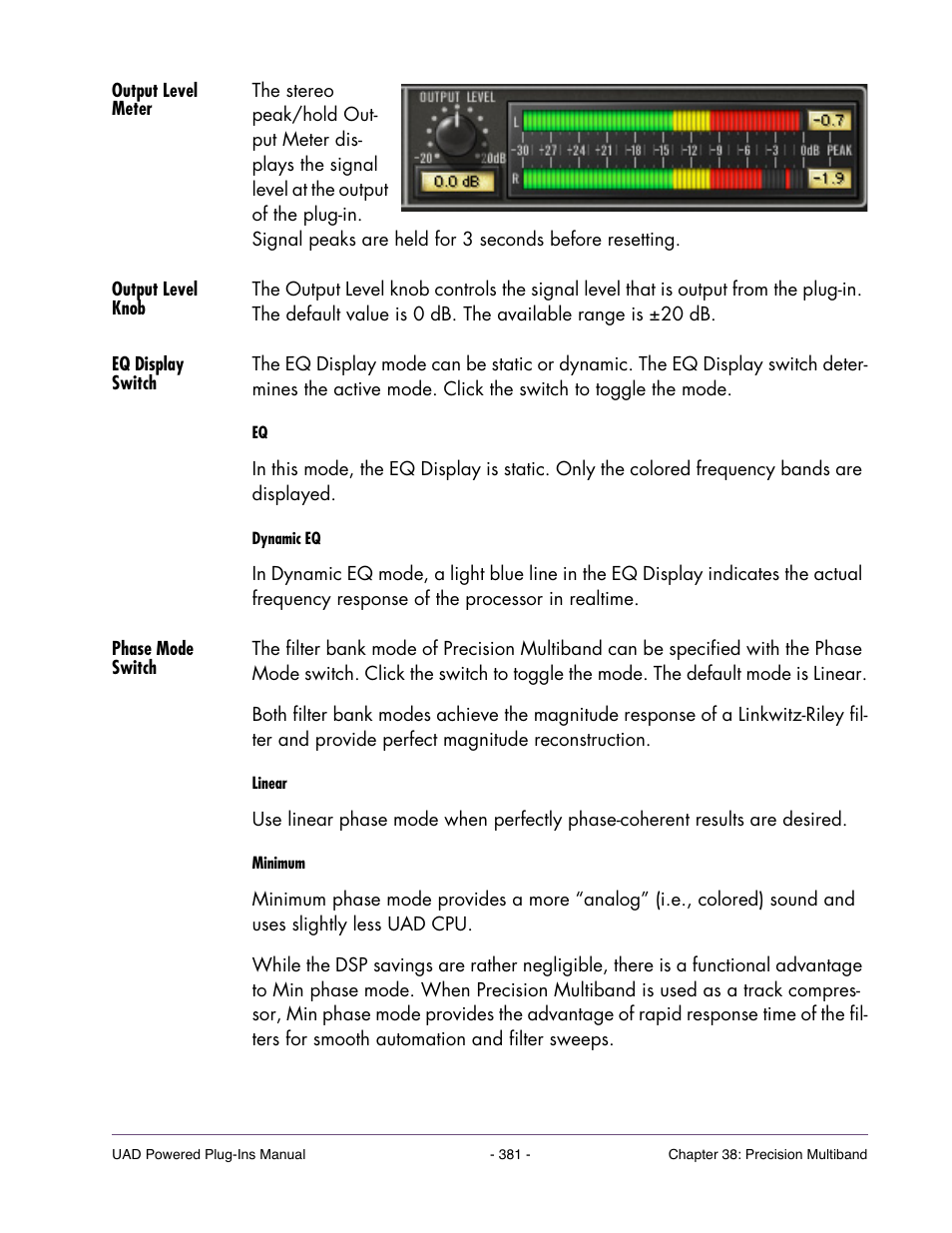 Output level meter, Output level knob, Eq display switch | Phase mode switch | Universal Audio UAD Plug-Ins ver.7.4.2 User Manual | Page 381 / 508