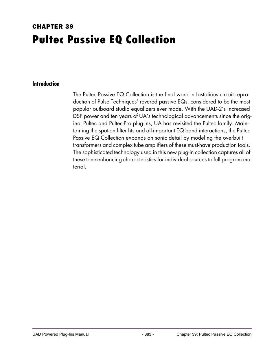 Pultec passive eq collection, Introduction, Chapter 39. pultec passive eq collection | Universal Audio UAD Plug-Ins ver.7.4.2 User Manual | Page 383 / 508