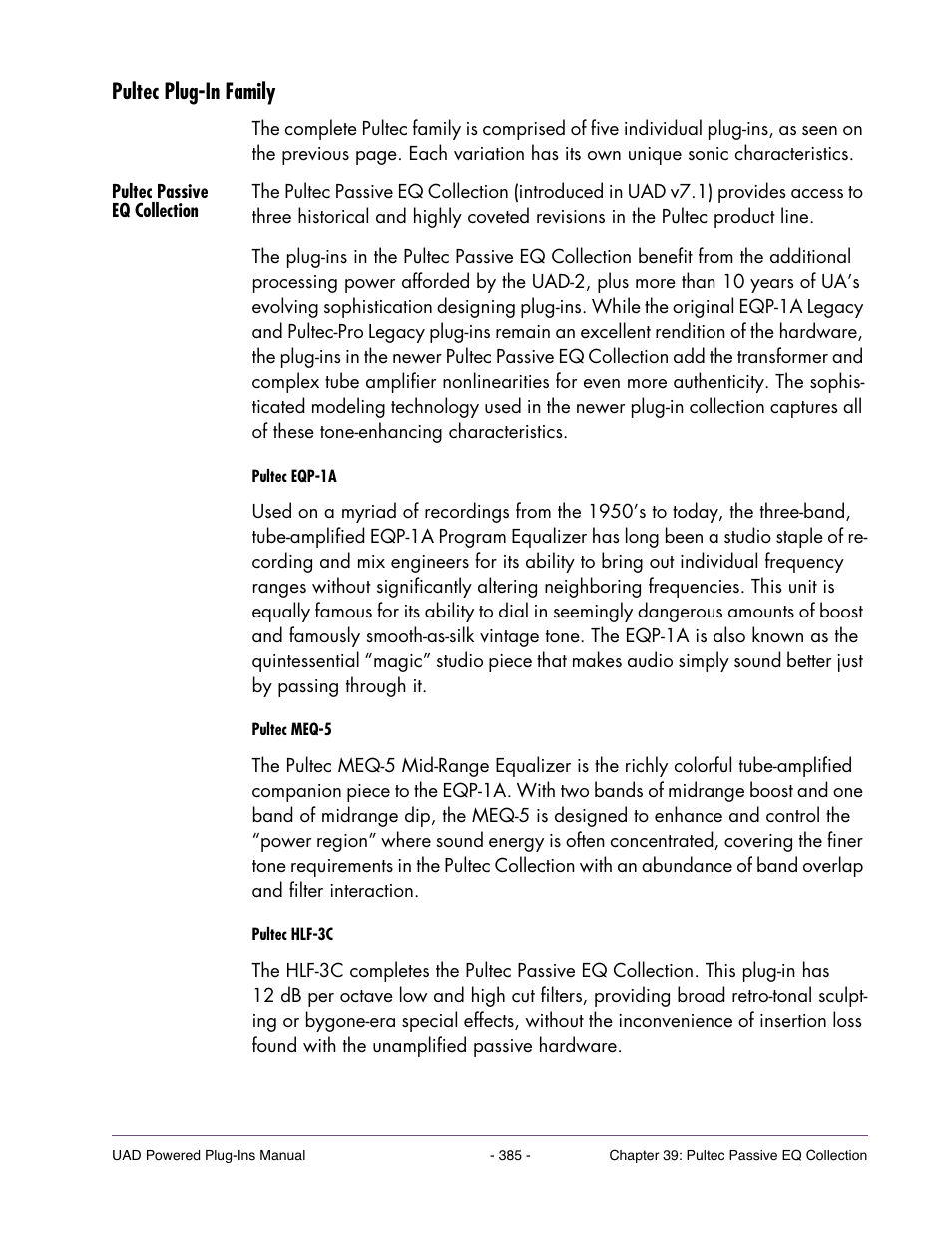 Pultec plug-in family, Pultec passive eq collection | Universal Audio UAD Plug-Ins ver.7.4.2 User Manual | Page 385 / 508