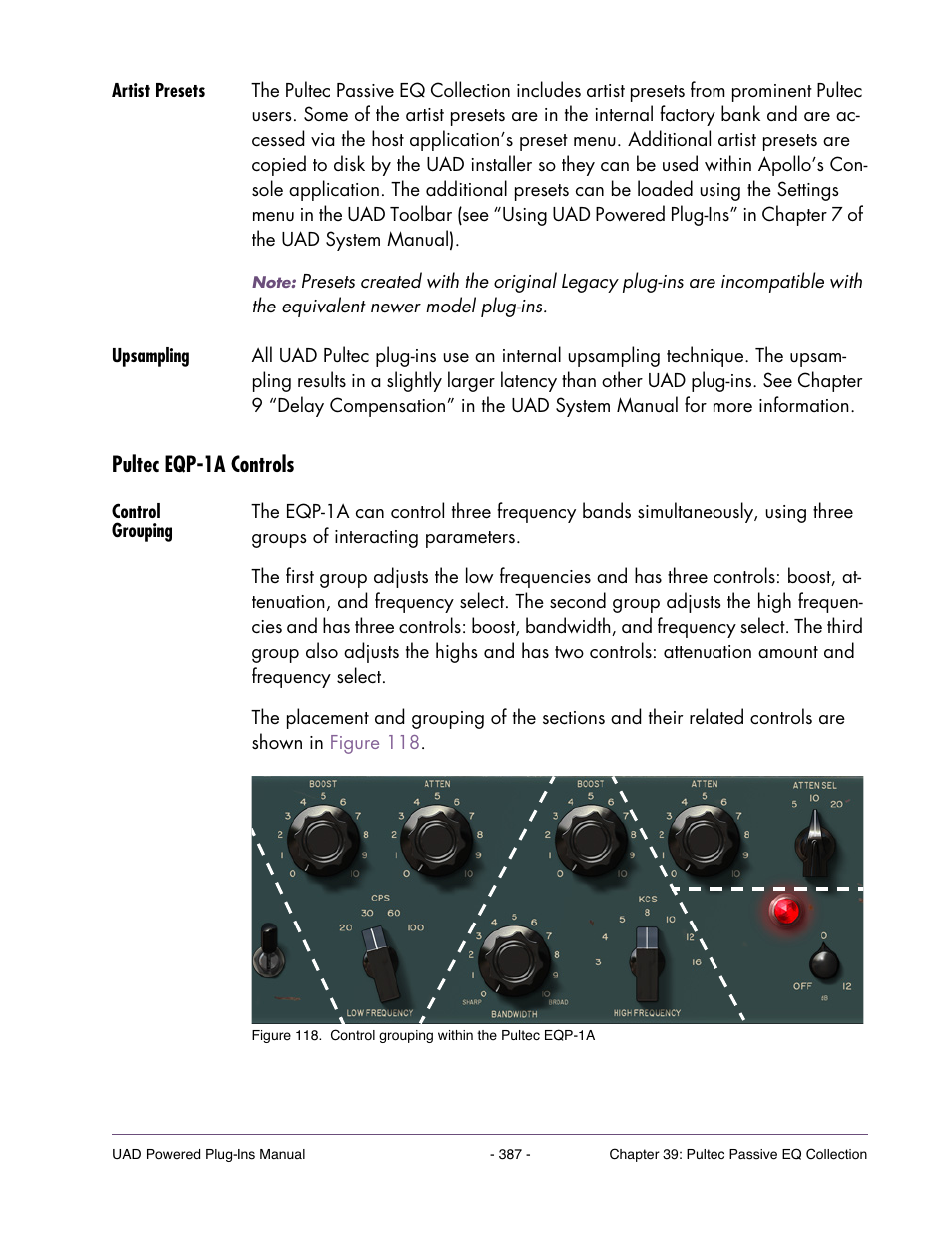 Artist presets, Upsampling, Pultec eqp-1a controls | Control grouping | Universal Audio UAD Plug-Ins ver.7.4.2 User Manual | Page 387 / 508